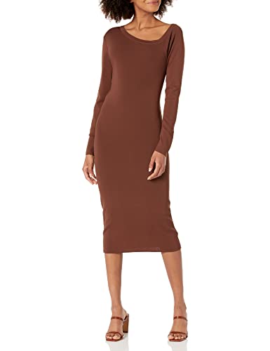 The Drop Giselle Vestido midi de punto de manga larga con escote asimétrico para Mujer, Chocolate, S