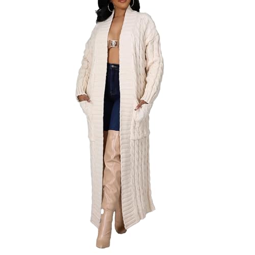 Women Long Sleeve Cable Knit Long Cardigan 2024 Fall Winter Chunky Open Front Sweaters Long Outwear with Pockets (Small,Apricot)