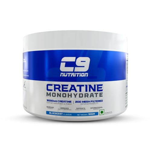 Image of C9 Nutrition Micronized Creatine Monohydrate | 3000mg Ultra-Pure 200 Mesh Filtered Creatine Powder | Boost Strength, Power & Muscle Recovery | Zero Sugar | Blueberry Flavour | 100gm for Men & Women, 33 Servings (100gm, Blueberry)