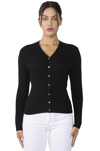JENNIE LIU Womens 100% Cashmere V-Neck Cardigan Sweater | Ribbed Tissue Weight Cashmere Sweaters for Women