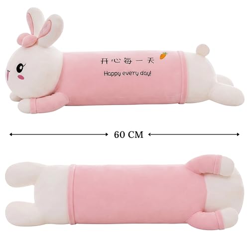 Image of Tickles Rabbit Soft Stuffed Plush Animal Bolster Pillow Cushion for Boys & Girls Sofa Room Decor Birthday Gift (Size: 60 cm Color: Pink & White)