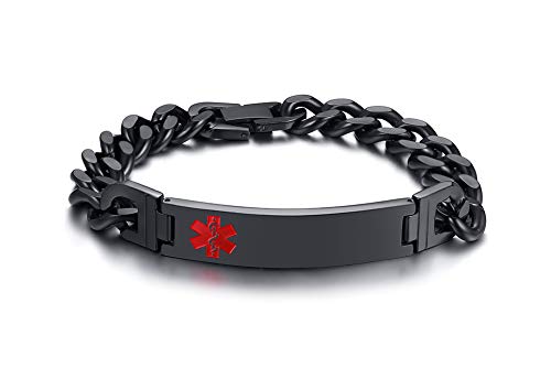 VNOX Negro Galvanizado 12mm Acero Inoxidable Alerta Médica Cadena de Identificación Pulsera Hombre y Mujer 21cm Cover
