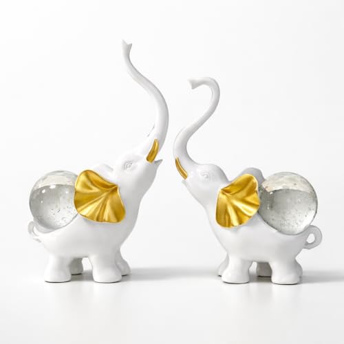 Image of ARMONIA Set of 2 Lucky Elephant Showpiece for Home Decor |White Polystone Elephant with Detachable Crystal Glass Ball |Vaastu Feng Shui Elephant Idol for Living Room,Office,Entrance | Gift for Wedding
