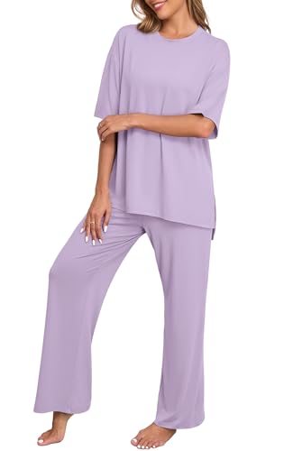 Image of PrinStory Womens Pajamas Sets 2 Piece Lounge Set Short Sleeve Tops and Long Pants Soft Pjs Loungewear with Pockets