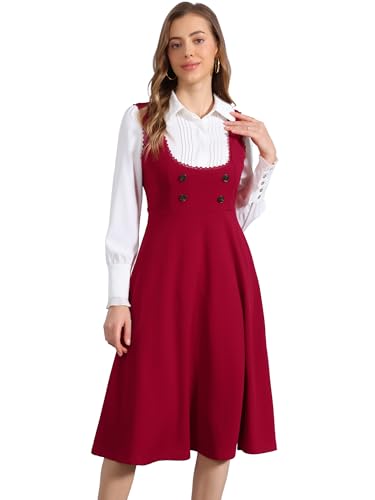 Image of Allegra K Cute Overall Dress for Women's Preppy Pinafore Midi Dresses | Gothic Style, Vintage Outfits, Lace Trim, U Neck, A-Line, Fit and Flare, Long Dresses, with Pockets