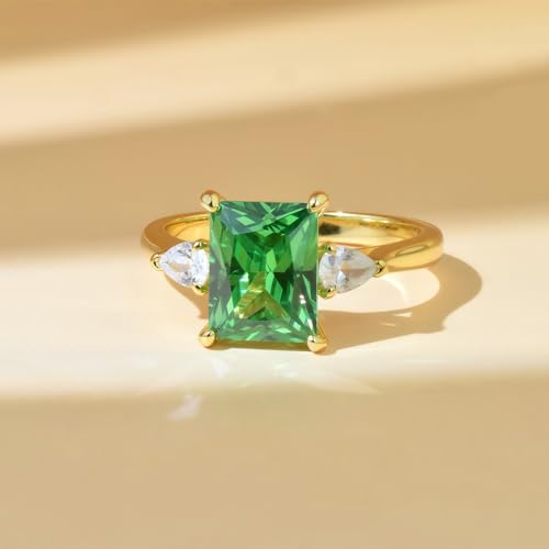 S925 Sterling Silver Electroplated with 18K Gold Emerald Square Main Stone Ring Simple and Stylish Versatile Inlaid Zircon Women's Hand Jewelry Proposal Engagement Ring, Size 6-83