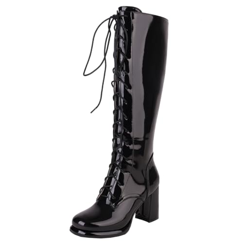 MISSUIT Damen Lackstiefel Plateau Blockabsatz Schnürstiefel High...