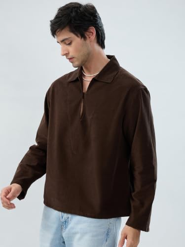 Image of VASTRADO Carob Brown Corduroy Cuffless Oversized Shirt