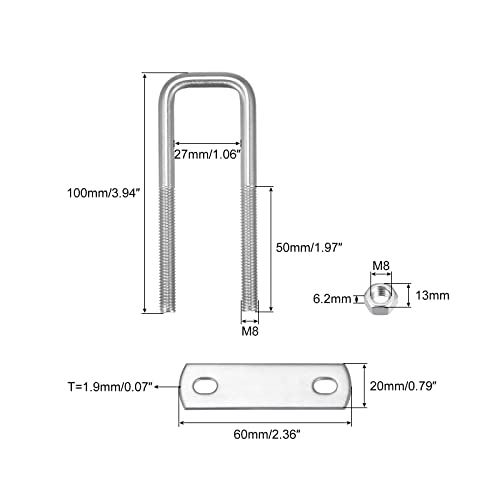 Image of uxcell Square U-Bolts, 2 Sets 27mm(1.06 inch) Inner Width 100mm Length M8 304 Stainless Steel U Clamp Bolt with Nuts and Plates, for Boat Trailer