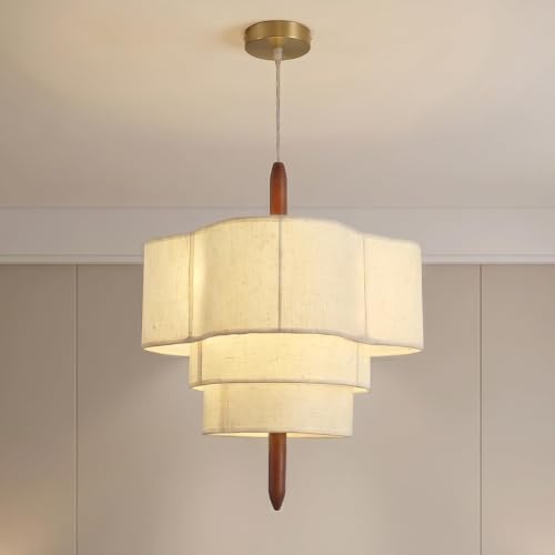 Image of 3-Tier Fabric Pendant Light, 40 cm Modern Chandelier With Linen Shade,Gold Metal And Solid Wood Decor, E27 Boho Adjustable Hanging Ceiling Light Fixture For Bedroom,Kitchen Island,Living Dining Room