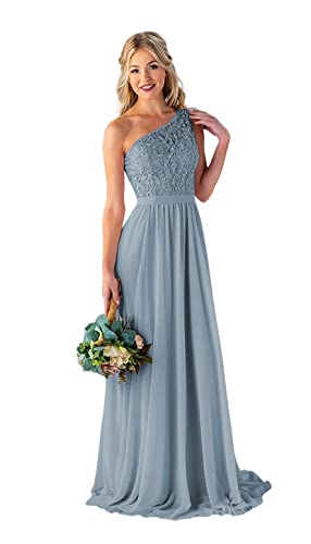Image of Women's One Shoulder Bridesmaid Dresses Long for Wedding with Pockets Lace Bodice A-Line Chiffon Formal Party Gown