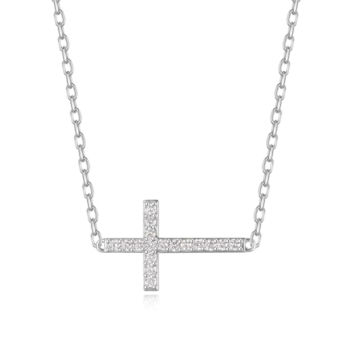 Agvana Crossroads of Light 0.375 Ct. Tw. Lab-Grown Diamond Sideway Cross Pendant Necklace in Sterling Silver (D-E Color, VS Clarity) Fine Jewelry for Women Anniversary Birthday Gifts for Her, 16-18