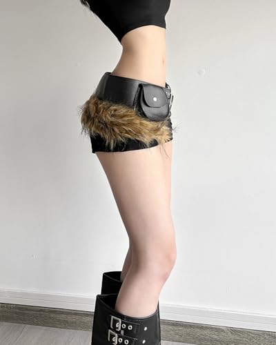 Faux Fur Belt Women Punk Grunge Leather Wide Waist Cinch Belts for Dress Waistband Vintage Y2k Accessories3