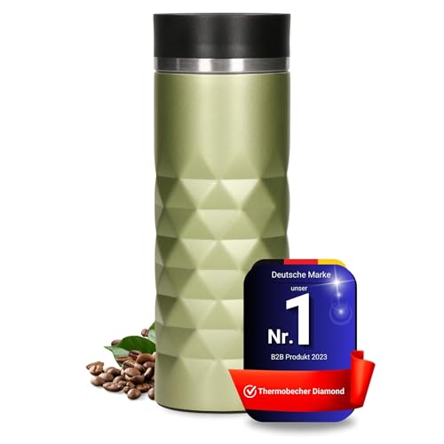 Elasto Premium Edelstahl Thermobecher mit Push-Button I 450 ml I auslaufsicherer Verschluss I heiß & kalt I BPA-frei I Thermo Kaffeebecher to go Diamond I matt glitzernd I Saphir Grün