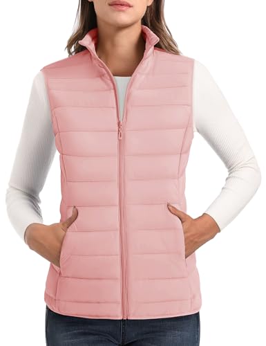 MAGCOMSEN Puffer Vest for Women Lightweight Sleeveless Quilted Warm Padded Jacket Stand Collar Zip Up 4 Pockets Pink Outerwear Vests XL