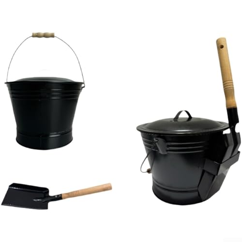 GLFLOW Cubo de ceniza con tapa, cubo de ceniza de metal ignífugo con tapa y pala, contenedor redondo de carbón, para chimenea, quemador de leña, color negro