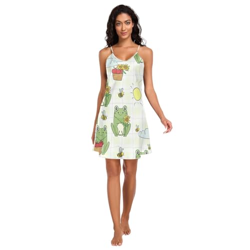 RPLIFE Lindos camisones a cuadros de ranas verdes para mujer, tirantes delgados ajustables, cuello en V, vestidos de noche de verano para mujer, Lindas ranas verdes a cuadros, S