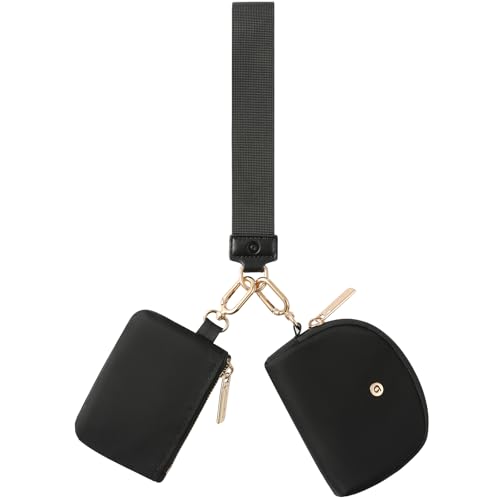Image of Keychain Wallet Mini Zip Around Wristlet Wallets for Women Detachable Dual Pouch Wristlet Portable Coin Purse Small Wallets With RFID Blocking (Black & Gold Hardware)