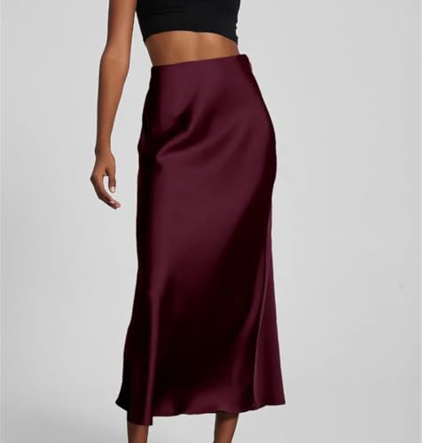 Women's Elegant High Waist Satin Long Skirts Summer Solid Color Vacation Beach Casual Skirt4