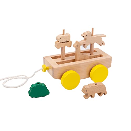 Image of Adena Montessori Wooden Pull Long Trailer Toys - Wooden Pull Car Interactive Animal Towing Toy for Kids 1-3 Years Old Cognitive Development