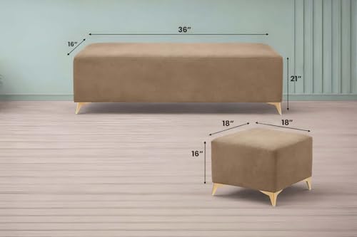 Image of Adorn India Premium Luster 8 Seater L Shape Sofa Set with 2 Puffy & 1 Center Table | Velvet Suede Fabric | 3-Year Warranty | LHS | Camel with Golden Legs & Striped Pattern Cushion