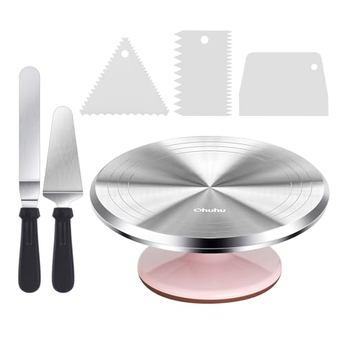 Ohuhu Tortenplatte Drehbar, Aluminiumlegierung Drehteller Torte 30 cm mit 2 Streichpaletten und 3 Teigschaber, Drehbare Tortenplatte für Tortendekoration & Backen, Tolle Geschenkidee, Rosa