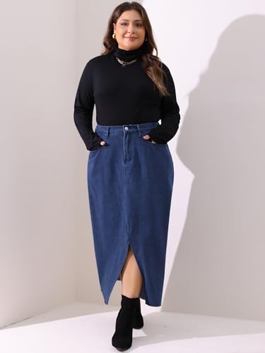 Agnes Orinda Women's Plus Size Vintage Denim Maxi Skirt Frayed Raw Hem High Waist Front Slit Long Jean Skirts3