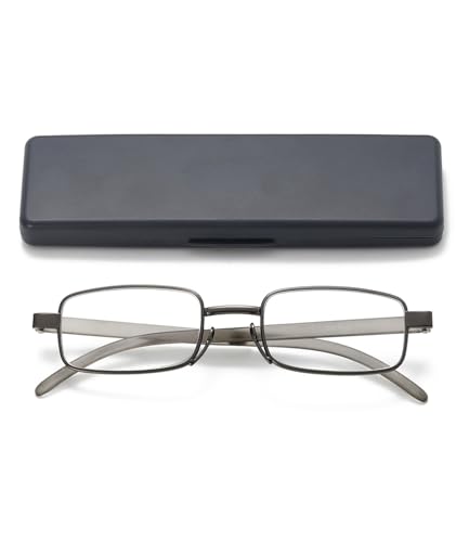Hubeye Gafas de lectura portatiles de metal para hombre y mujer Anteojos de lectura de viajes Gafas anti luz azul con Caja de gafas de plástico 1.50