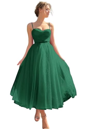 Image of A line Ruched Tulle Prom Dress Spaghetti Straps for Women, Tea Length Sweetheart Homecoming Dress Cocktail Dress