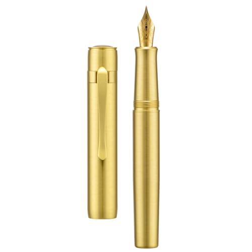 Image of Hongdian M2 Black Forest Mini Fountain Pen, Medium Soft Golden Nib and Slim Shape, Short Pocket, Brass Travel Pen (Shiny Brass)