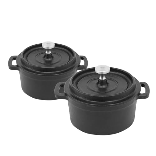 Flavehc Mini Cocotte 8 Oz Mini Dutch Oven 0.25 Qt. Cast Iron Garlic Roaster For Oven Garlic Confit Pot Ramekins With Lids Oven Safe Set Of 2, Black