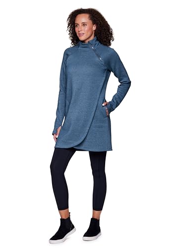 RBX Zip Mock Neck Fleece Dress for Women, Breathable Cotton Tunic Sweatshirt Dress with Pockets, 1/4 Zip Fleece Tunic Wrap Sweater Dress for Casual Wear, Hiking, Travel Dark Teal Mock XL
