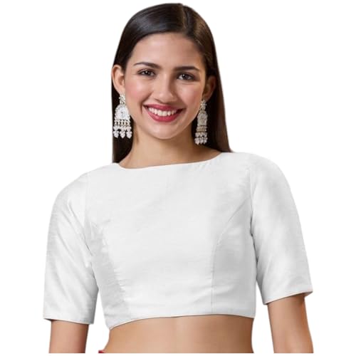 ASTARTHAM Women Readymade Dupion Saree Blouse with Boat Neck Desgin Short Sleeves Non-Padded Hook & Eye Closure White 34