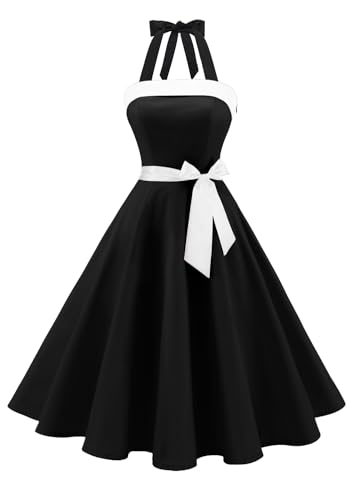 Timormode Damen Vintage Cocktailkleid Knielang Neckholder Swing Retro Rockabilly Kleid Schwarz 2 L