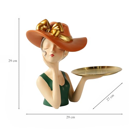 Image of ARMONIA Modern Decorative Sculpture with Detachable Gold Color Tray, Designed by European Designer, Orange Hat and Green Dress