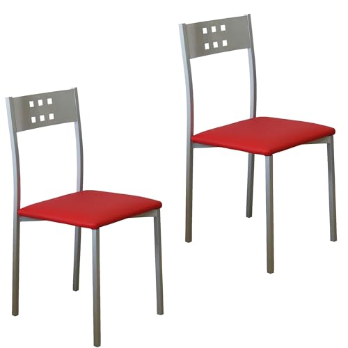 MOMMA HOME Set 2 Sillas de Cocina y salón -Xara - Material Metal Color Plata y Asiento en Cuero sintético - Medidas 41 x 47 x 86 cm. (Rojo)