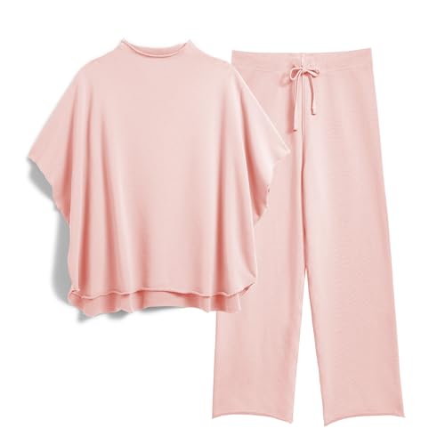 Image of SeeLuNa Women's Two Piece Outfits 3 /4 Batwing Sleeve Capelet Crew Neck Pullover Top Wide Leg Pants Lounge Set