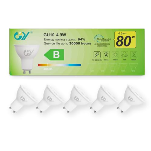 GY 4.9W Bombilla GU10 LED 4000K Blanco Neutro 790LM (Equivalente a 80W), No Regulable, 110 Grados Ángulo de haz   Bombilla Bajo Consumo Clase B, No Parpadean Bombillas LED GU10 Pack de 5