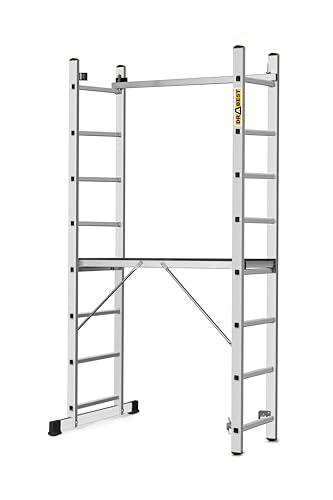 DRABEST Escalera de Aluminio Pro 3en1 - Andamio, Plegable, Multiusos con Plataforma de Trabajo y Gancho para Cubo - Aluminiopara CONSTRUCCIÓN, jardín - 2X 8 peldaños