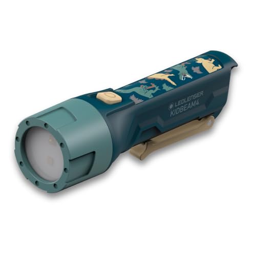 Ledlenser KidBEAM4 Lampe torche pour enfants, Motif Dinosaure, 4 couleurs LED, 2 piles AAA, légère (72 g), idéale pour la lecture, le camping et les...