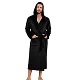 EK4YDNDS Mens Hooded Fleece Robe, Lightweight Soft Warm Fleece Bathrobe Shower Spa Long Robe With Pockets(Black,L/XL)