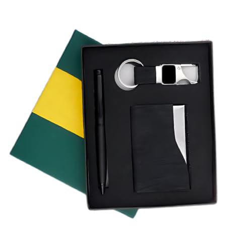 Image of 3 in 1 Personalized Keychain with Pen & Cardcase Combo Gift Set | Custom Name Engraved Leather Notebook with Premium Metal Pen | Ideal for Office, Corporate & Personal Gifting (Black)