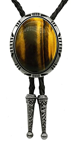 Image of Moranse Bolo Tie with Natural Tiger Eye Stone Celtic Style Genuine and Cowhide Rope
