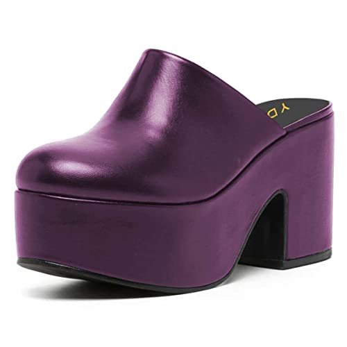 YDN Women Casual Block Heel Mules Cozy Platform Chunky Sandals Closed Toe Slip On Clog Party Dress Daily Shoes Size 8.5 Dark Purple