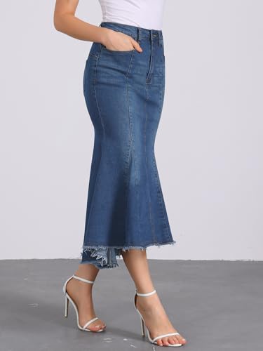 Allegra K Women's Washed Fishtail Denim Skirt High Waist Raw Hem Fashion Casual Midi Jean Skirts with Pockets3