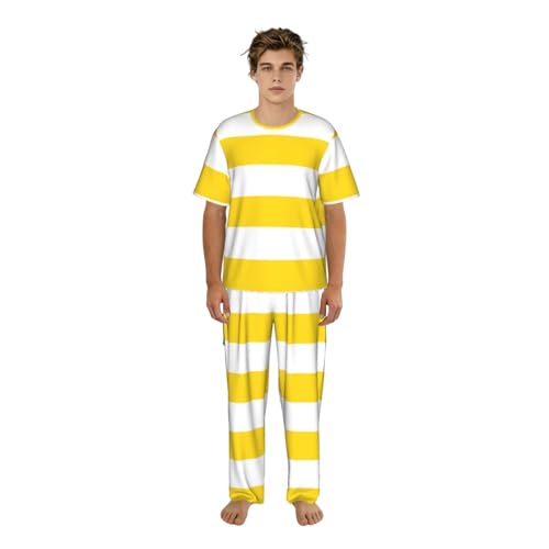 HJFIERYF Set pigiama con stampa a righe bianche gialle medie, set da 2 pezzi personalizzati a maniche corte per uomo e donna, Strisce bianche gialle medie, L