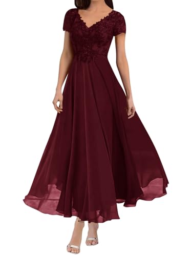 Mother of The Bride Dresses Tea Length Lace Appliques Chiffon Short Sleeve V Neck Formal Evening Gown for Women