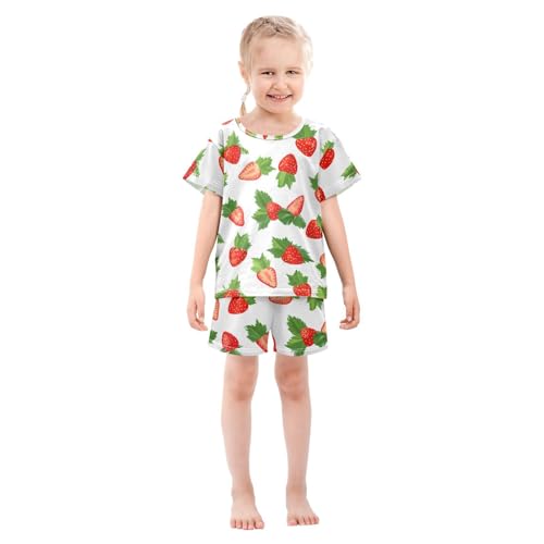 Strawberry Leaf White Pajama Set Short Sleeve Sleepwear Soft Pajamas Shorts Sets Cotton PJS 5Y3
