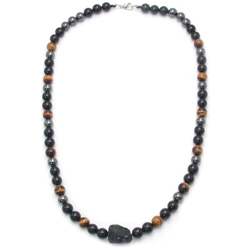 Triple Protection Crystal Necklace for Men, COLORFEY Healing Crystal Tourmaline Necklace Real Tiger Eye Obsidian Hematite Beads Necklace for Men, Premium Mens Beaded Jewelry Gifts for Stress Relief