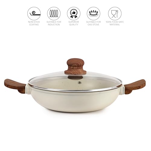 Image of CELLO Castello Die Cast Induction Aluminium Kadhai with Glass Lid 24 Cm, 4 mm Thickness | Induction Base Kadhai | Wooden Handle | Scratch Resistant | Dishwasher Safe | Beige